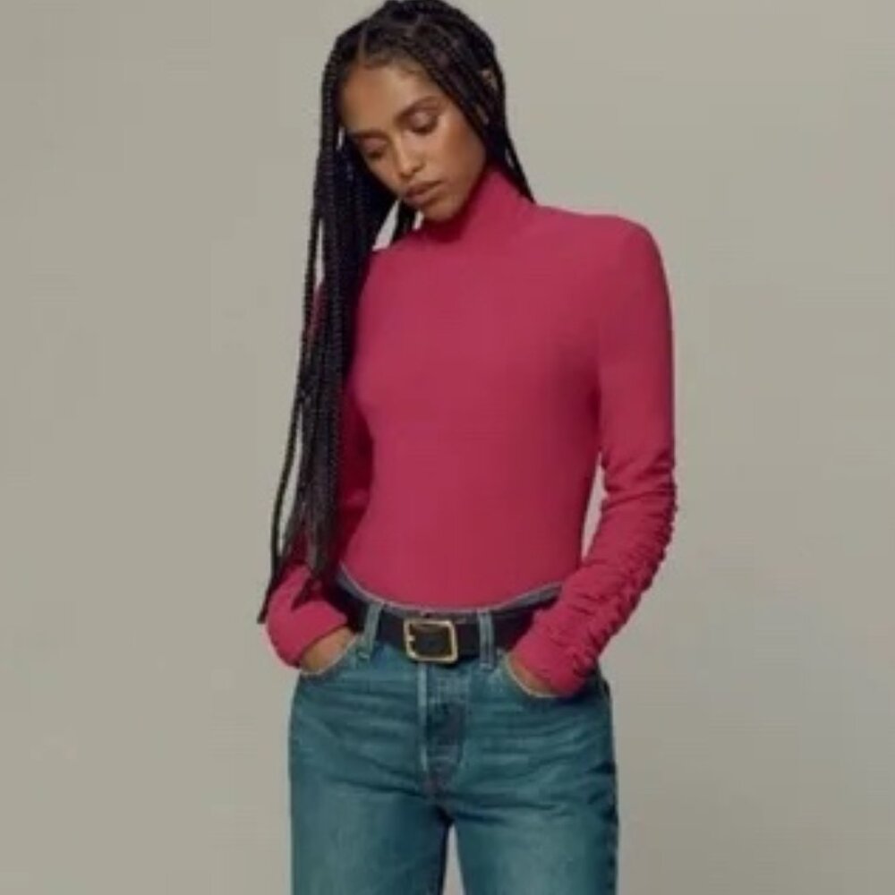 Raspberry Pink Ruched-Sleeve Turtleneck Top, By Anthropologie